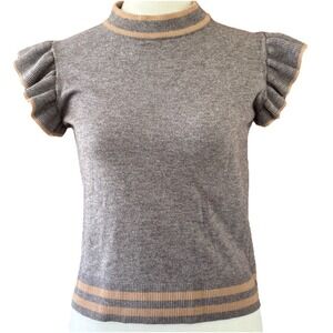THML Gray & Tan Sweater Vest Women's‎ XS Ruffled Sleeve Mock Neck Preppy Top